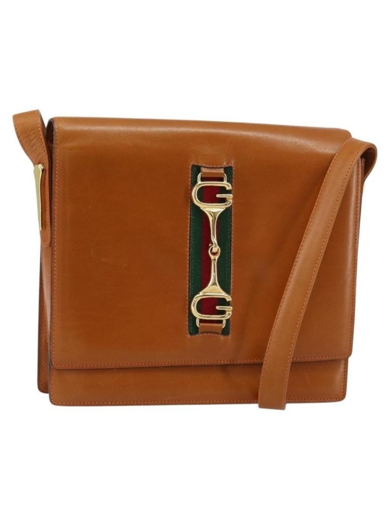 Authentic Gucci Web Sherry Line Horsebit Shoulder Bag Leather Brown Gold Red